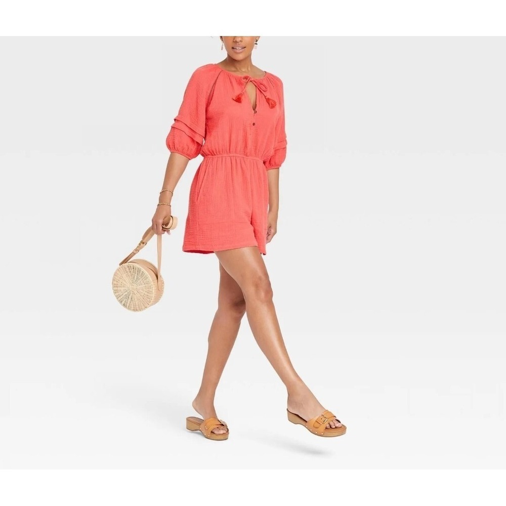 Knox Rose Women's Coral Puff Sleeve Gauze Romper Size XL
